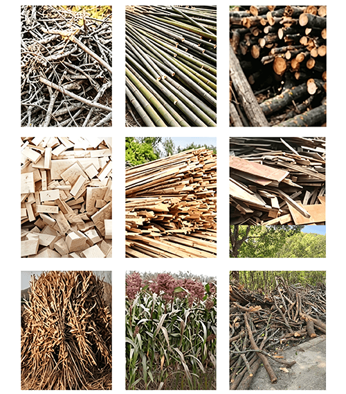 Various wood raw materials for crushing logs, bamboo, hard wood, and tree branches.