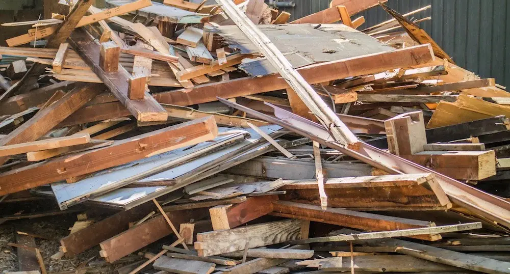 industrial shredder processing construction waste wood on site