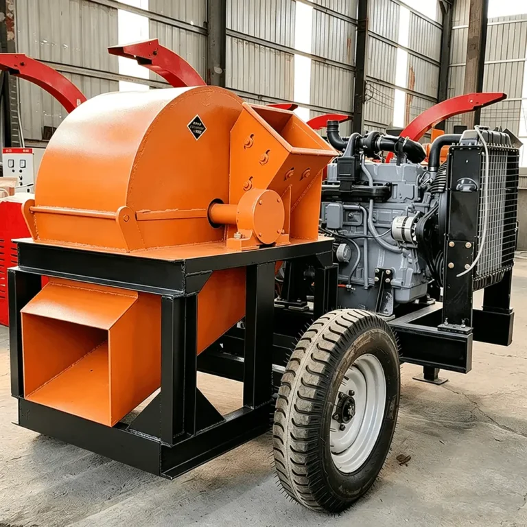 Mobile diesel engine wood crusher with wheels and trailer, designed for high-capacity outdoor wood waste processing.