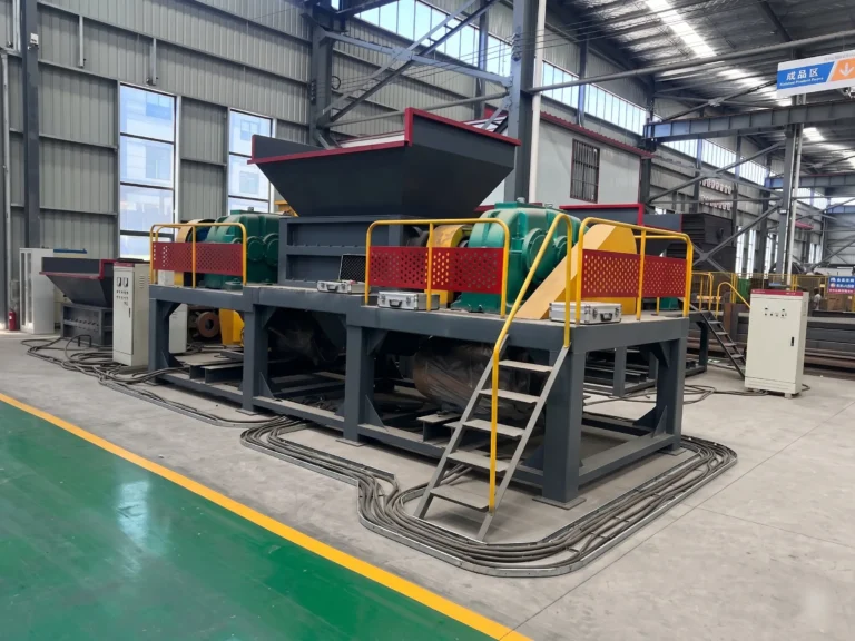 FTLSHRED twin-shaft shredder machine for metal and plastic waste processing in factory.