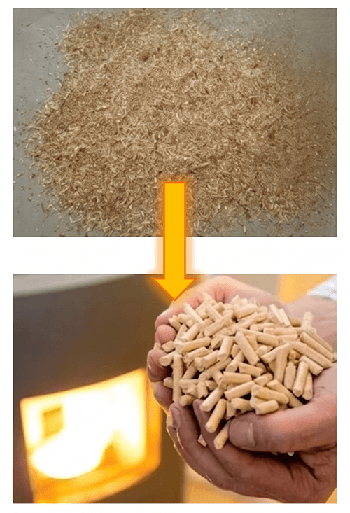 Fine sawdust produced by wood crusher used as raw material for biomass wood pellet fuel production.