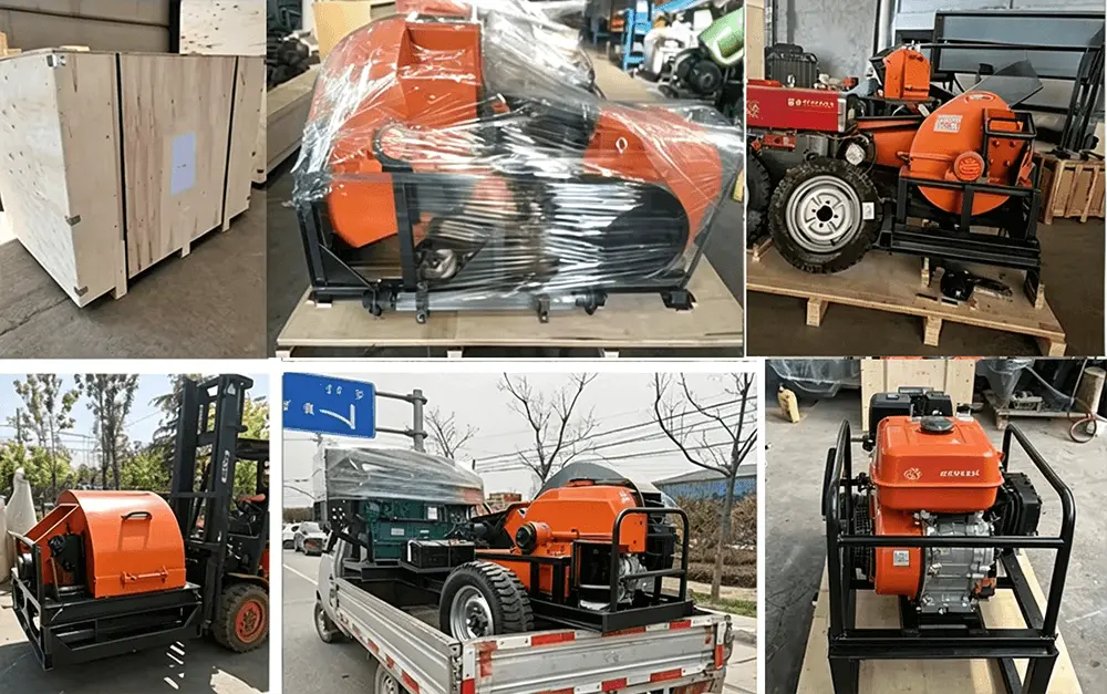 Professional export packaging of wood crusher machines in sturdy wooden cases and loading for global delivery.