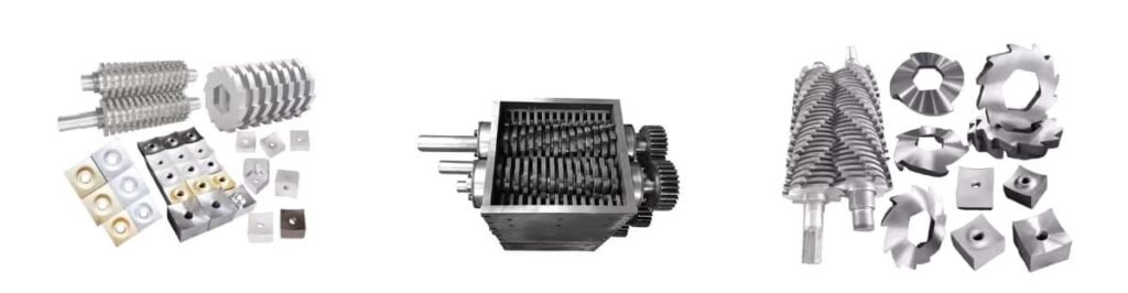 Various industrial double shaft shredder blades, helical rotors, and internal cutting chamber assembly for scrap metal recycling.