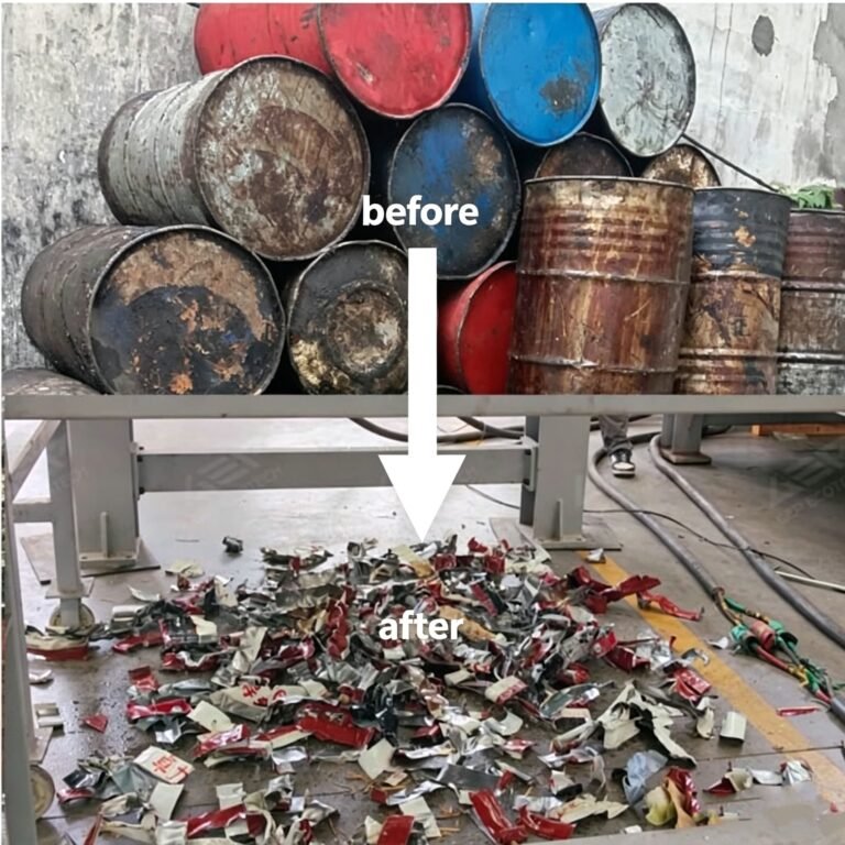 Double shaft shredder processing steel oil drums, showing before and after shredding results for metal scrap recycling